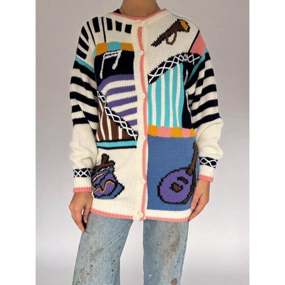 90s vintage music theme musical notes teacher novelty embroidered knit cardigan - Picture 3 of 11